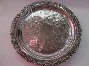 Antique English Silverplate Large Rococo Border Footed Salver