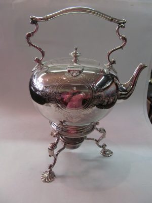 Antique English Silverplate Hand Engraved Hot Water Kettle/Burner