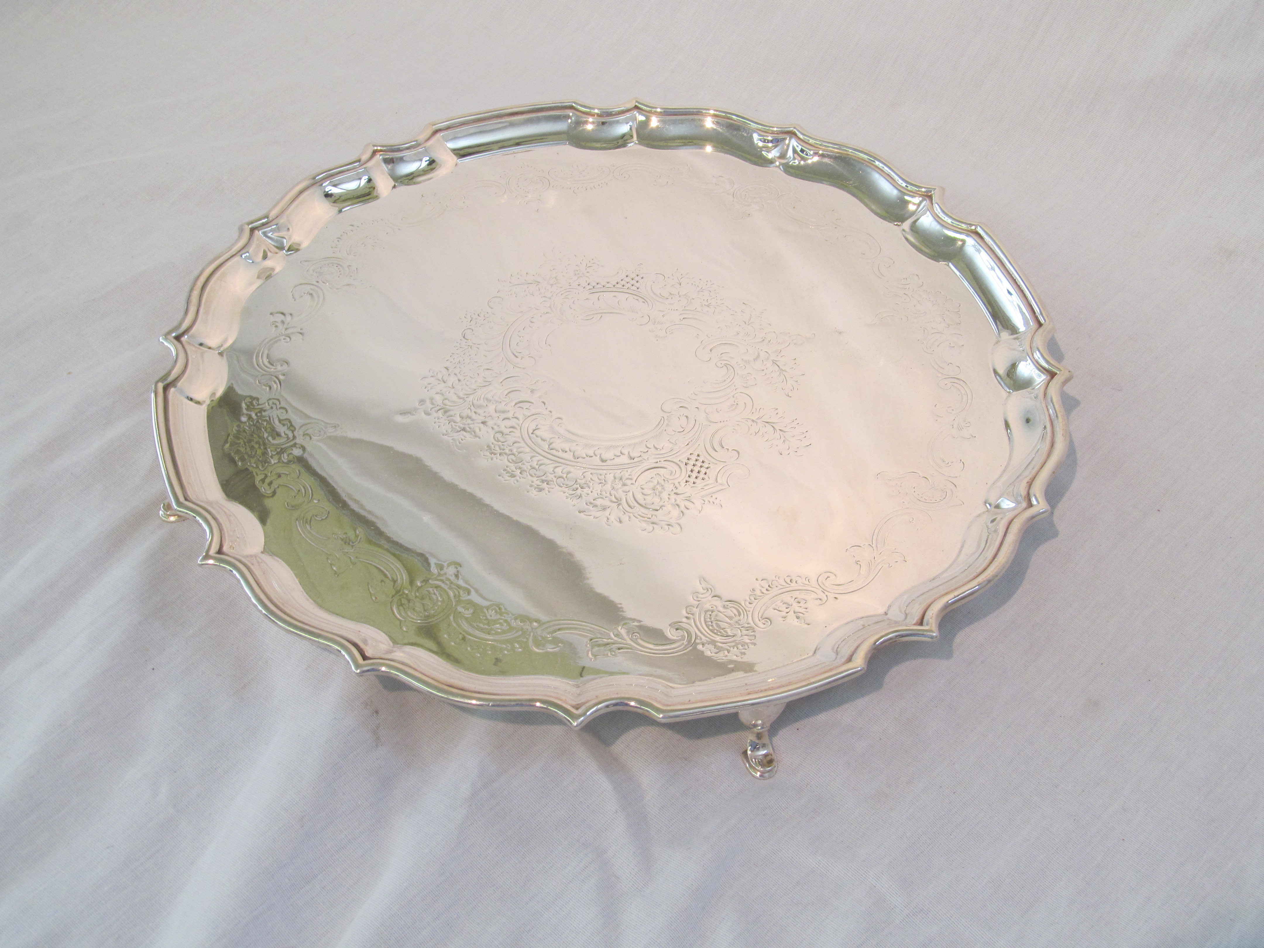 Old English Silverplate Pie Crust Border Hand Engraved Footed Salver