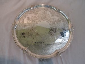 Old English Silverplate Hand Engraved Scalloped and Beaded Edge Round Salver