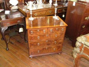 Antique English Queen Anne Style Inlaid Burr Walnut Satinwood Bachelor's Chest