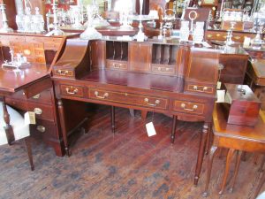 Old English Inlaid Solid Mahogany Sheraton Style "Carlton House" Writing Desk