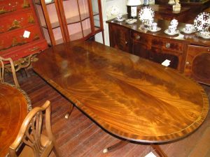 Old English Brass Inlaid Bookmatched Crotch Mahogany Regency Style Cottage Size Dining Table