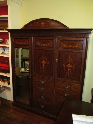 Antique English Marquetry Inlaid Solid Mahogany Edwardian Armoire