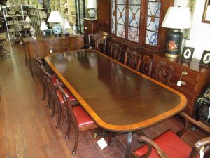 Antique English Mahogany Satinwood Crossbranded Sheraton Style 2-Pedestal Dining Table