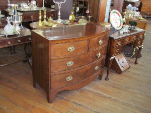 Antique English Inlaid Flame Mahogany Small Bowfront Chest
