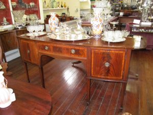 Antique English Inlaid Flame Mahogany Hepplewhite Style Bowfront Sideboard