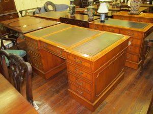 English Bench Made Inlaid Yewwood Chippendale Style Partner's Desk