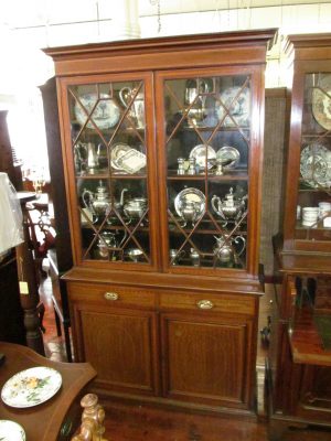 Antique English Inlaid Mahogany Regency Style Double Door Bookcase