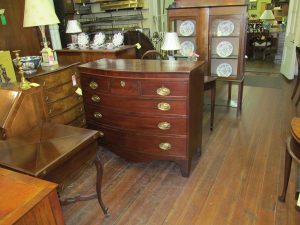 Antique English Inlaid Figured Mahogany Hepplewhite Style Bowfront Chest of Drawers