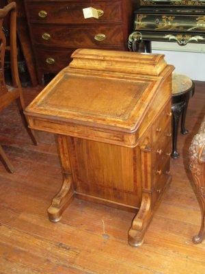 Antique English Burl Walnut and Mahogany Inlaid Davenport Captain's Desk