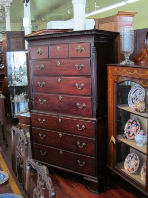 Antique English Figured Mahogany Chippendale Style Chest on Chest