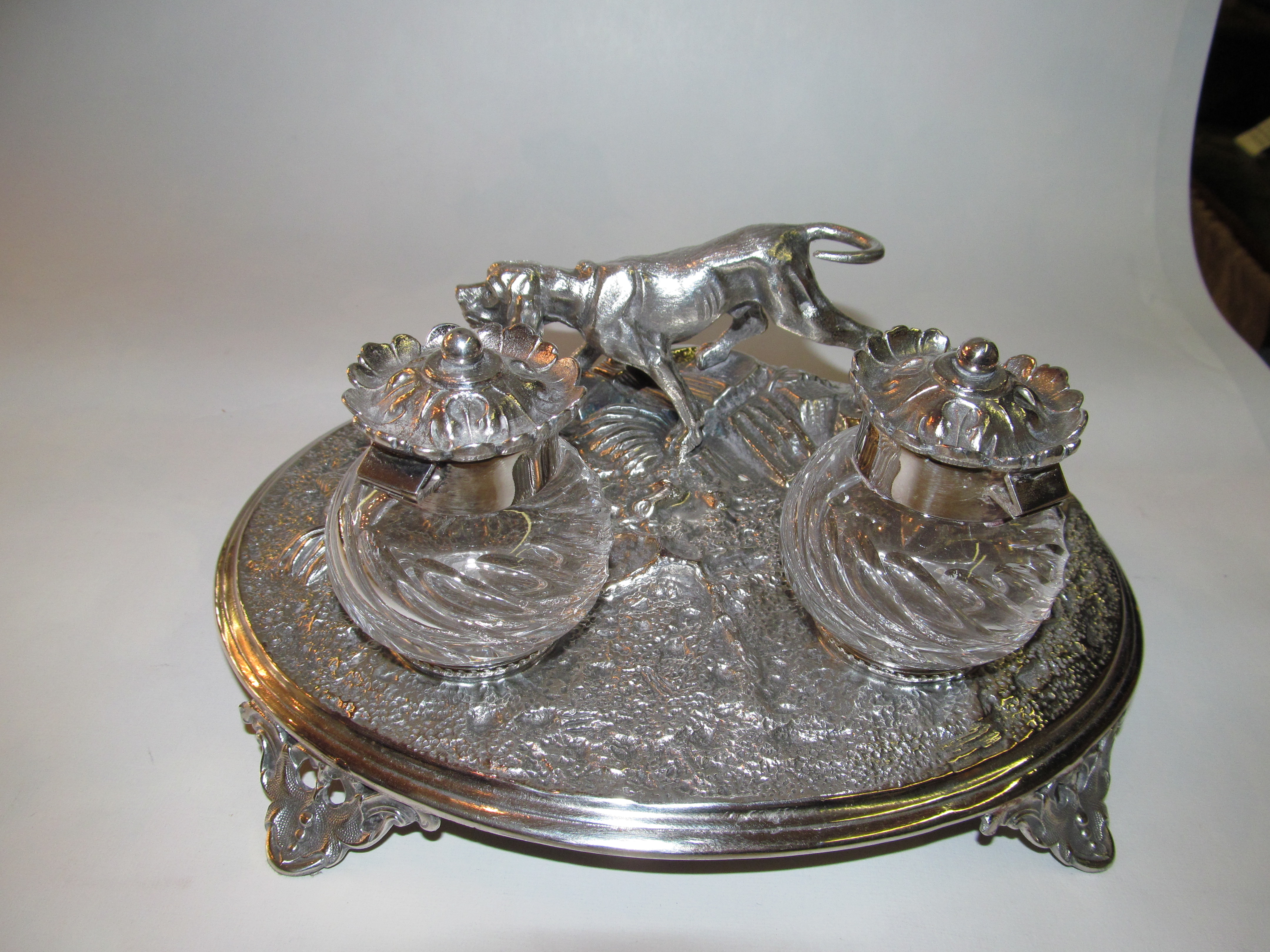 Sheffield Silverplate and Crystal 2-Bottle Inkstand
