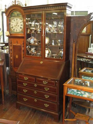 Inlaid Mahogany Chippendale Style Bureau Bookcase