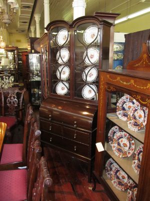 Double Dome Cylinder Top Inlaid Mahogany Bureau Bookcase