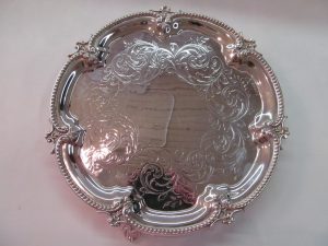 Antique English Silverplate Hand Engraved Round Footed Salver