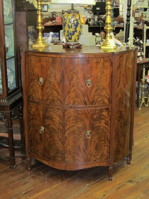 Bookmatched Flame Mahogany Sheraton Style Demilune Drinks Cabinet
