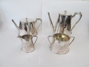 Antique English Silverplate 4 pc. Hand Engraved Tea and Coffee Set