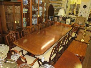 Solid Mahogany Sheraton Style 2 pedestal, 2 leaf Dining Table