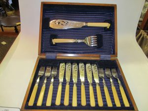 Old English Silverplate Ivorine Handle Fish Eaters and Servers