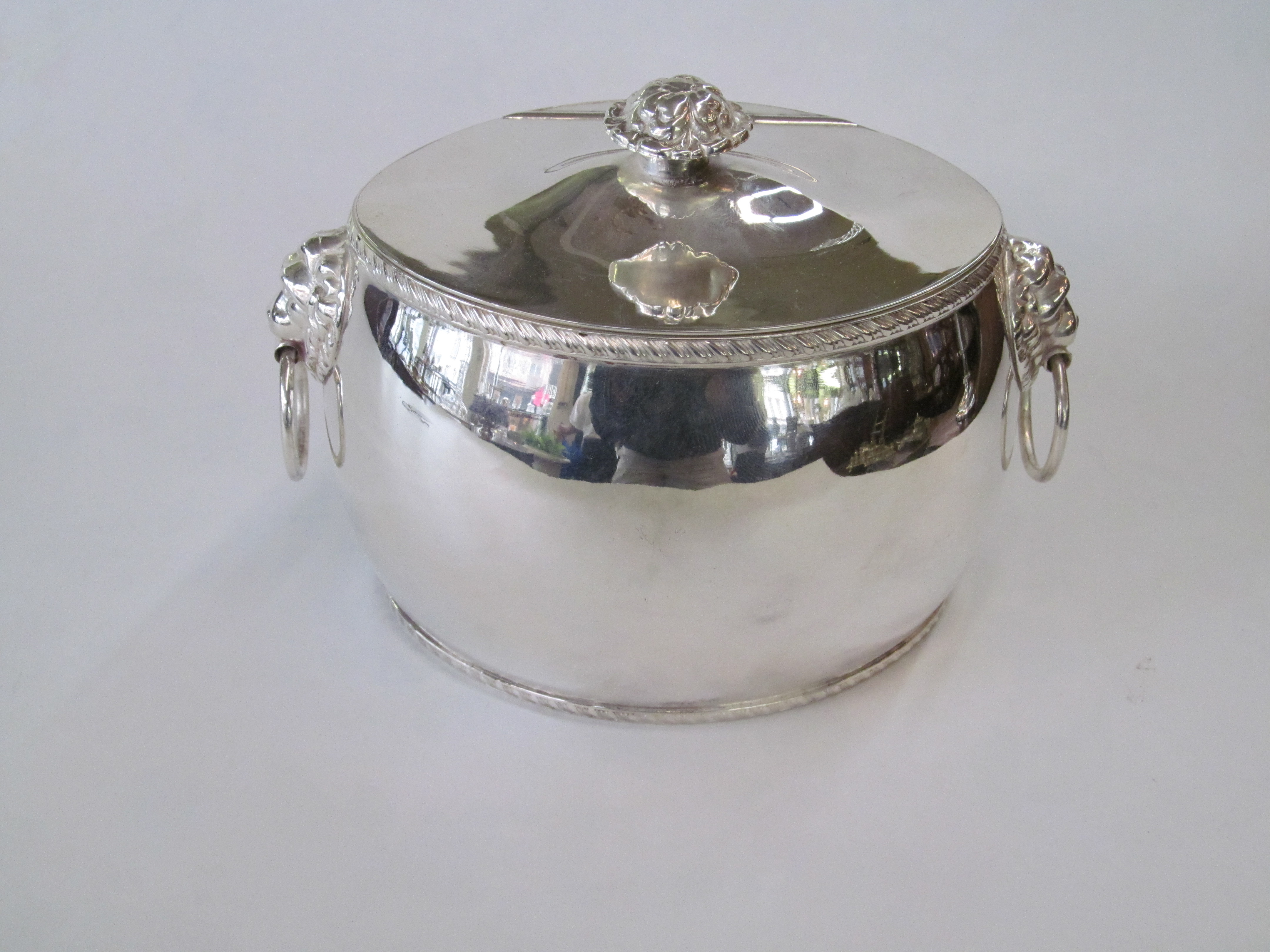 Antique English Silverplate Oval Tea Caddy with Lion's Head Handles