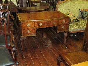 Antique English Carved Burr Walnut Queen Anne Style Serpentine Desk