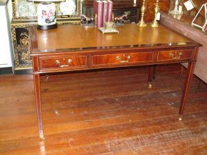 English Bench Made Inlaid Figured Mahogany Free-Standing Writing Table