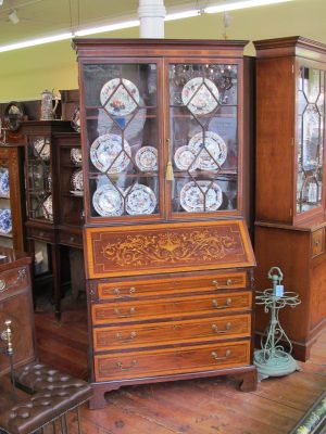 Antique English Inlaid Figured Mahogany Bureau Bookcase