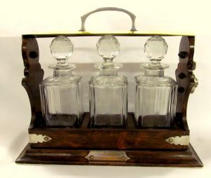 Antique English Oak, Brass and Silverplate Tantalus Set