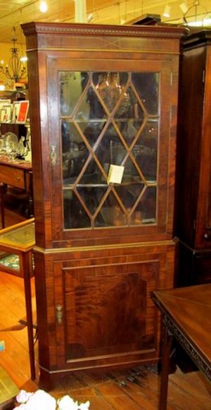 Antique English Crotch Mahogany Corner Cupboard