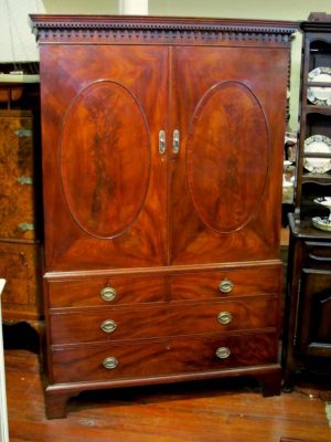 Antique English Figured Mahogany Chippendale Style Linen Press