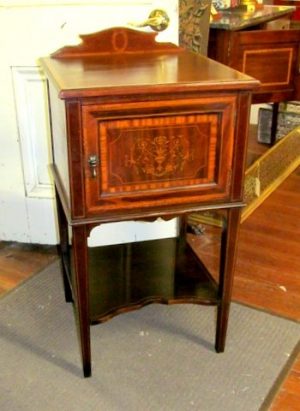 Antique English Marquetry Inlaid Mahogany Pot or Bedside Cupboard