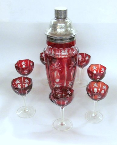 Old Austrian Ruby Overlay Crystal Cocktail Set