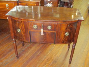 Antique English Ebony Inlaid Bookmatched Flame Mahogany Geo. III Sheraton Style Small Bowfront Sideboard