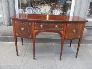 Antique English Geo. III Inlaid Figured Mahogany Hepplewhite Style Bowfront Sideboard