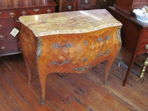 French Louis XV Style Marquetry Inlaid and Parquetry Kingwood Marble Top Bombe' Commode Chest