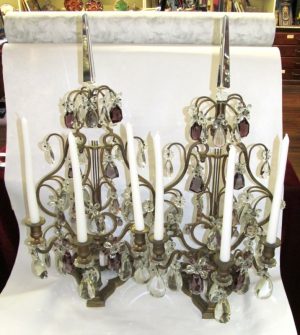 Pair of Antique French Ormolu and Cut Crystal 3-light Candelabra