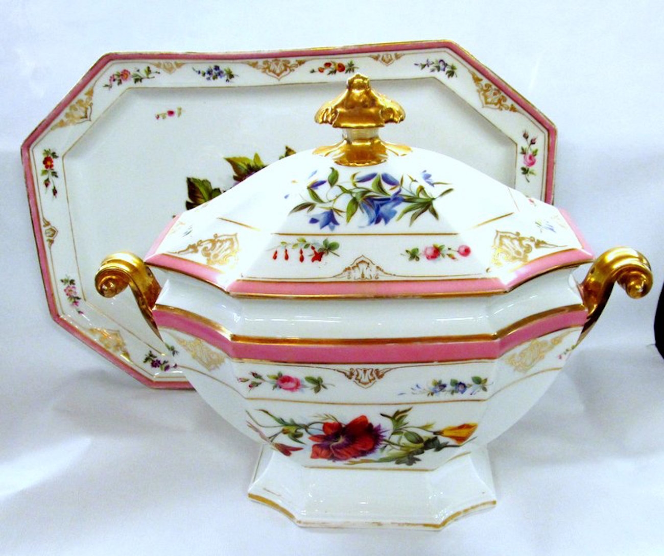 Antique French Porcelaine de Paris Soup Tureen and Matching Platter