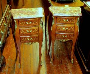 PAIR of Old French Marble Top 3- Drawer Bedside Tables