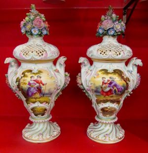 PAIR of Antique Meissen Porcelain Potpourri Urns/ Vases