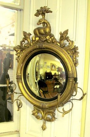 Antique American Gilt Wood and Gesso Convex Mirror Candle Sconces