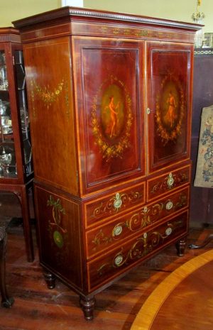 Antique English Geo. IV Flame Mahogany Linen Press