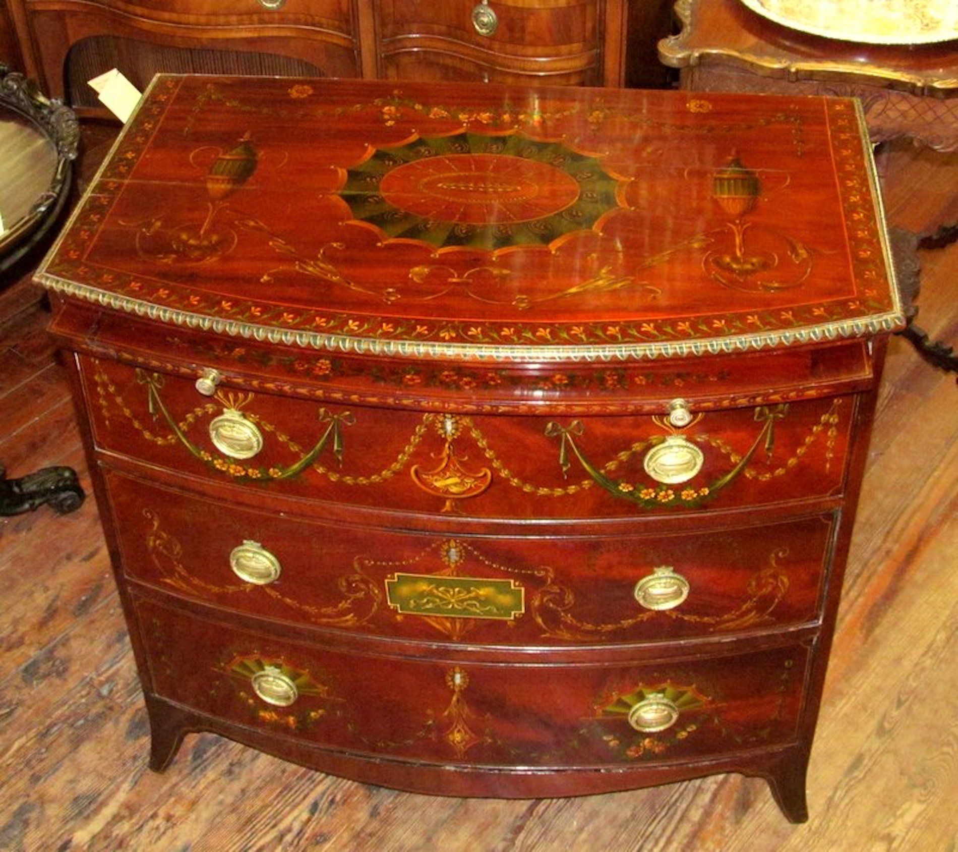 Antique English Flame Mahogany Bow front Bachelor's Chest - Image 20