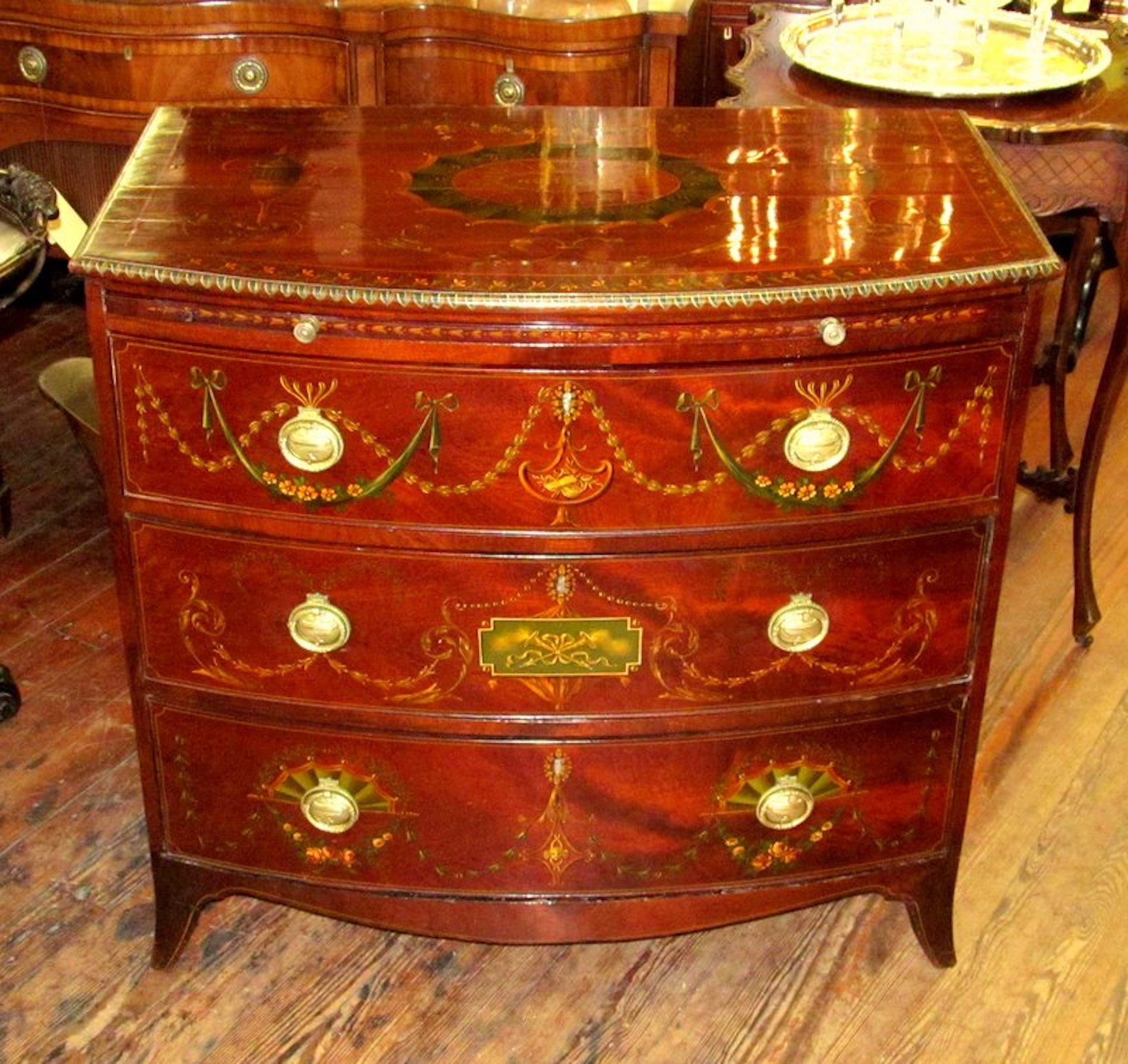 Antique English Flame Mahogany Bow front Bachelor's Chest - Image 19