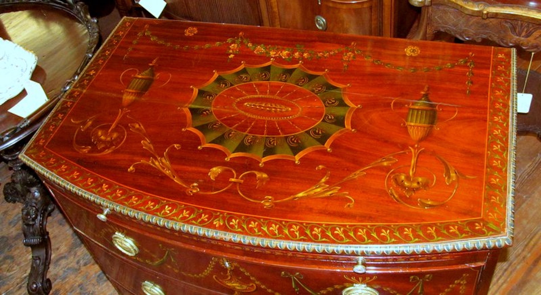 Antique English Flame Mahogany Bow front Bachelor's Chest - Image 18