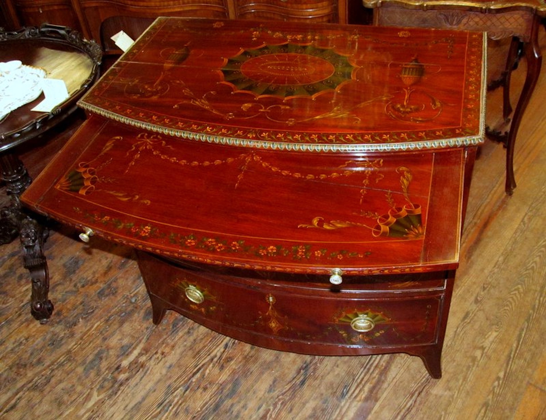 Antique English Flame Mahogany Bow front Bachelor's Chest - Image 8