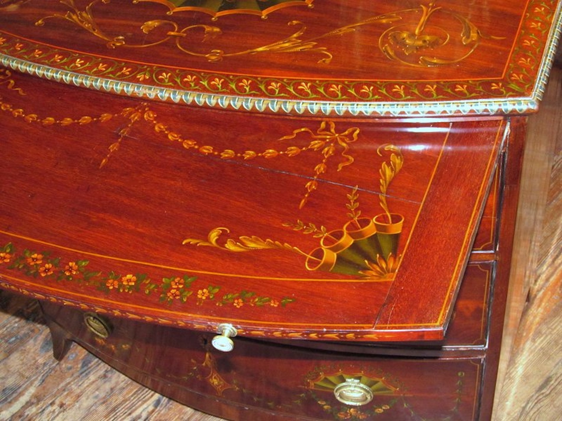 Antique English Flame Mahogany Bow front Bachelor's Chest - Image 7