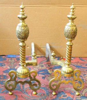 PAIR of Rare Design Antique American Brass Andirons