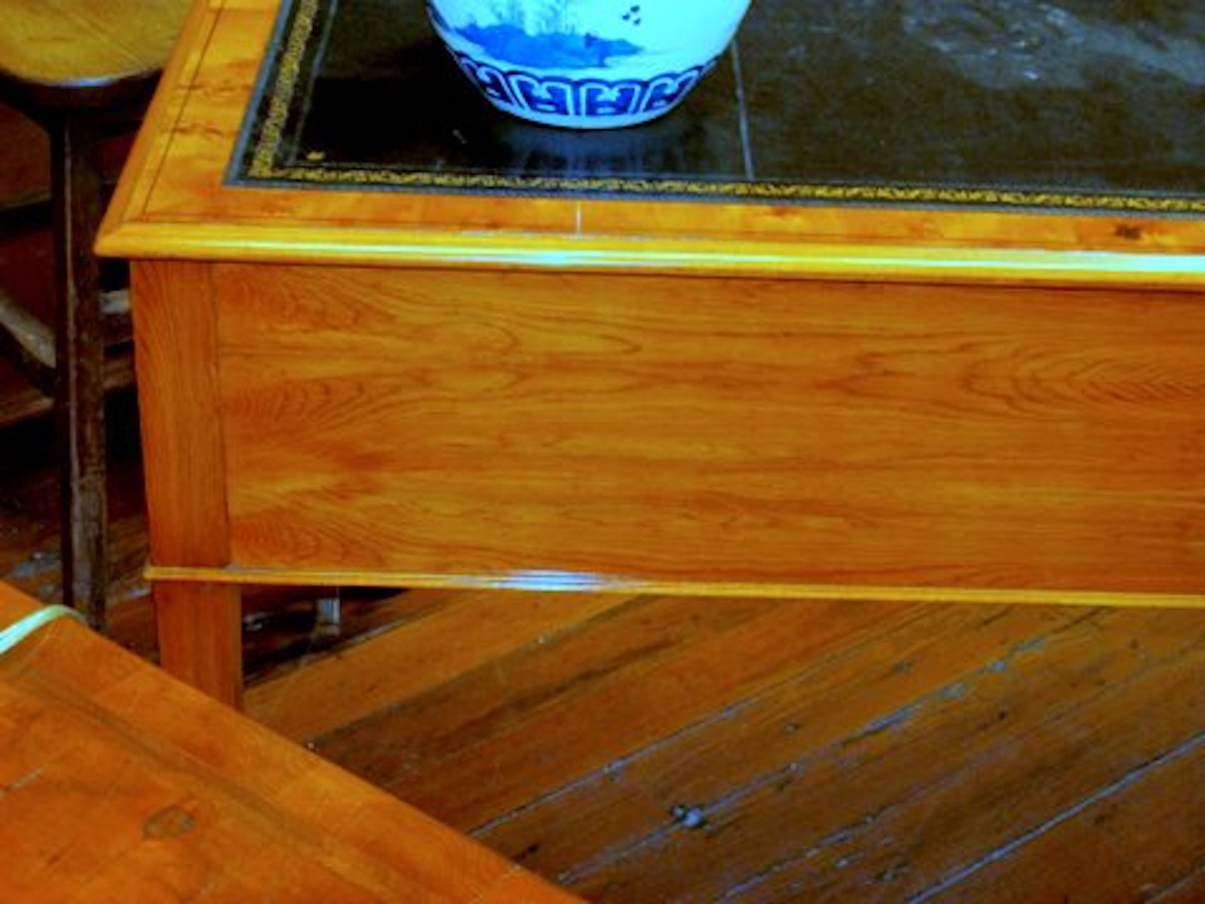 English Bench Made Pippy Yew Wood Leather Top Writing Table - Image 9