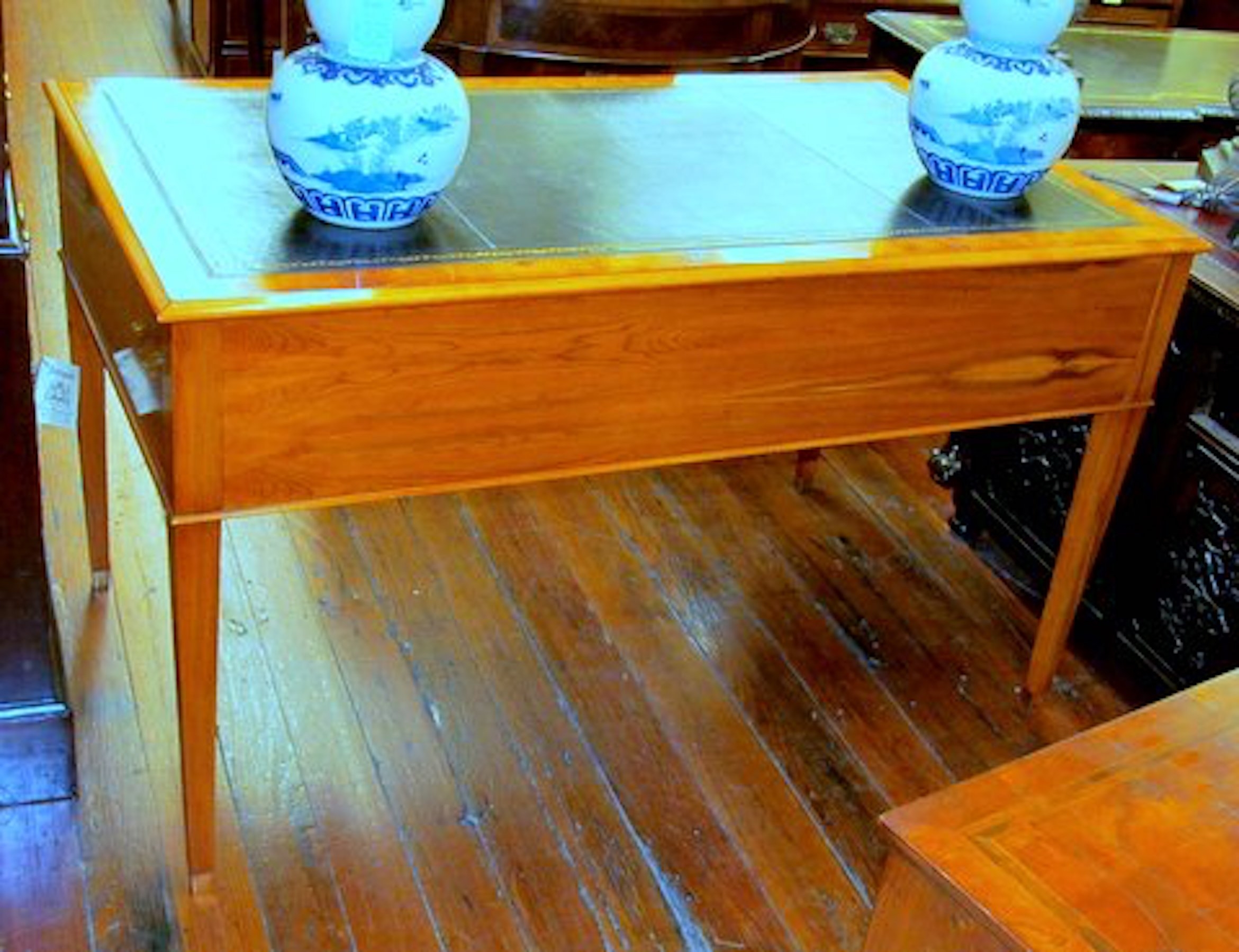 English Bench Made Pippy Yew Wood Leather Top Writing Table - Image 8